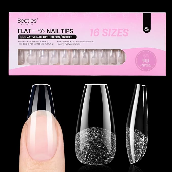 Beetles Gel Nail Tips Flat-X - Coffin Medium, 160pcs 16 Sizes, Pre-Etched Half Matte Full Cover Soft Acrylic False Nail Tips Clear Press on Easy DIY Nail Extension Salon for Flat & Natural Nail Beds