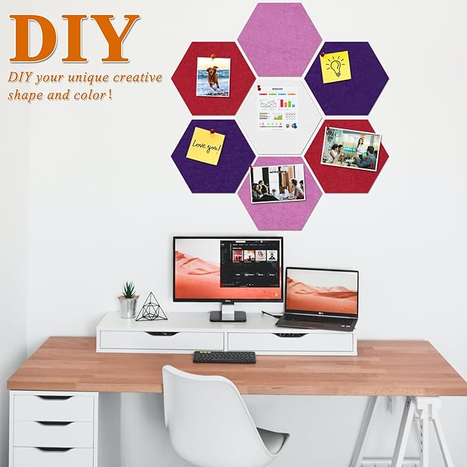 Large Hexagon Felt Cork Board Tiles, Self Adhesive DIY Felt Bulletin Board Pin Board with 35 Pushpins for Office School Home Wall Decor(Purple+Light Purple+Deep Red)