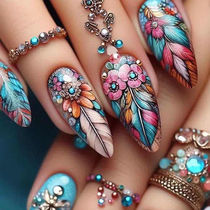 Curvlife Tip Press on Nails Acrylic Fake Nails with Design Full Cover False Nails for Women Reusable Nail Kit with Nail Glue Adhesive Tabs Nail File (peacock, Long)