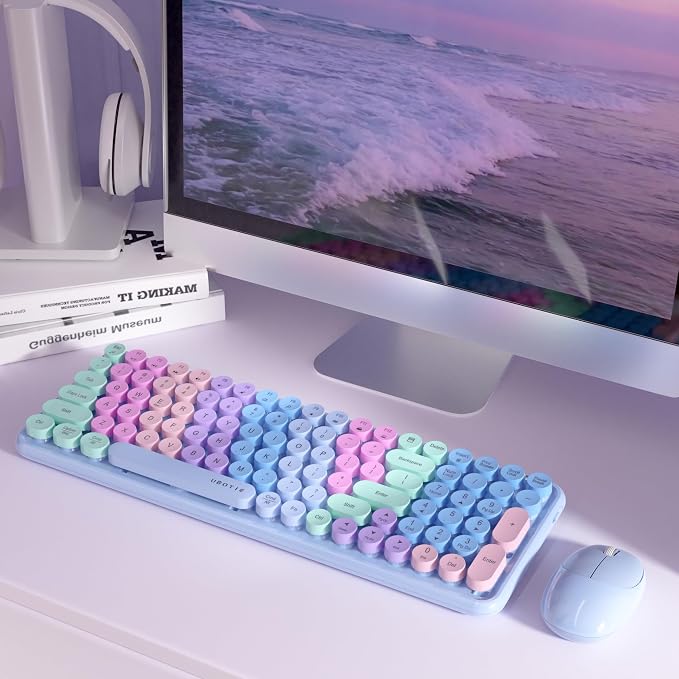 UBOTIE Wireless Keyboards and Mouse Combo (Purple Rainbow) | Colorful Gradient Rainbow Color Retro Typewriter Flexible Keyboard, 2.4GHz Connection and Optical Mouse for PC Wins Mac