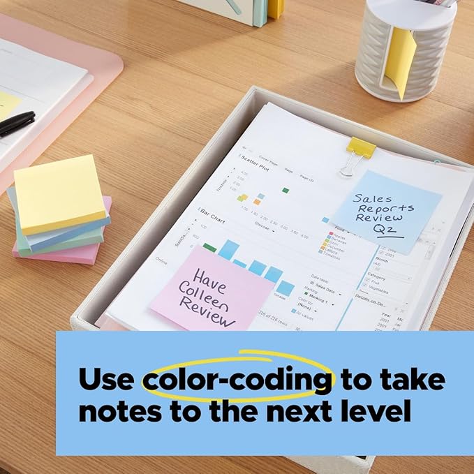 Post-it 100% Recycled Paper Super Sticky Notes, 2X The Sticking Power, 4x4 in, Lined, 3 Pads, 70 Sheets/Pad, Wanderlust Pastels Collection (675R-3SSNRP)