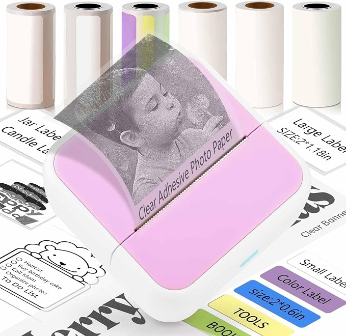Label Maker Machine with 6 Tapes, Thermal Label Maker, Portable Mini Bluetooth Label Printer with Clear Tape for Home, Kitchen, School, Office Organization Pink