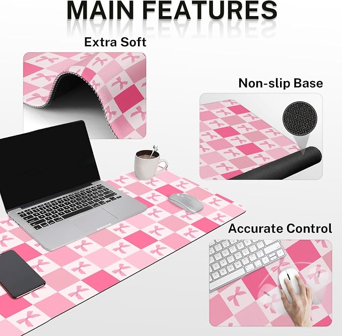 Arttown Keyboard Mouse Pad Set, 4 in 1 Desk Mat Set Kawaii Cute | Pink Checkered Bow Large Mousepad+Keyboard Wrist Rest+Mouse Wrist Rest+Coaster Ergonomic Design for Home Office Computer