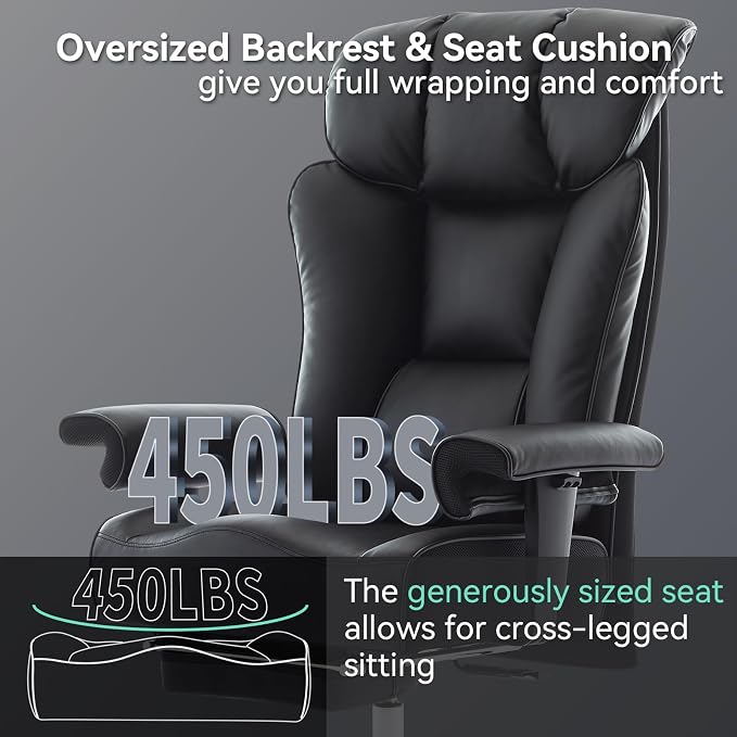 Efomao Big and Tall Executive Office Chair 450lbs,Black | 5.9" Thick Pocket Spring Cushion, Reclining Breathable PU Leather Desk Chair with Foot Rest, Soft Comfortable Support