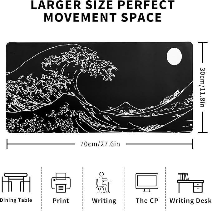 Japanese Sea Wave Gaming Mouse Pad 27.6x11.8 Inch Anime Black Large Mousepad Extended Kanagawa Mousepad Gaming Non-Slip Rubber Base Stitched Edges Keyboard Mouse Mat Desk Pad for Office Home Game