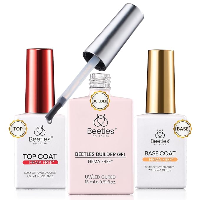 Beetles Builder Gel for Nails HEMA-Free with Base & Top Coat,Nail Protection Trio Set 3 Pcs Strengthening Nail Apex Building Extension for Beginner DIY Salon at Home,Clear Building Gel,UV & LED Cured