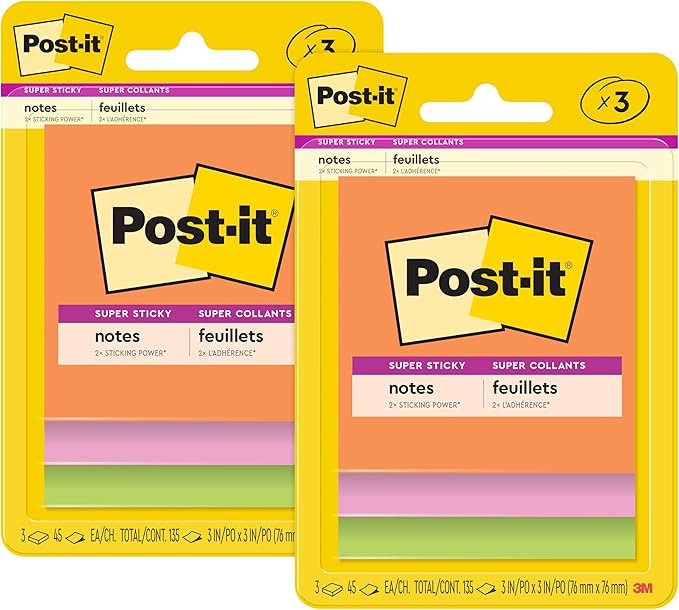 Post-it Super Sticky Notes, 3 Sticky Note Pads, 3 x 3 in., School Supplies, Office Products, Sticky Notes for Vertical Surfaces, Monitors, Walls and Windows, Energy Boost Collection (Pack of 2)