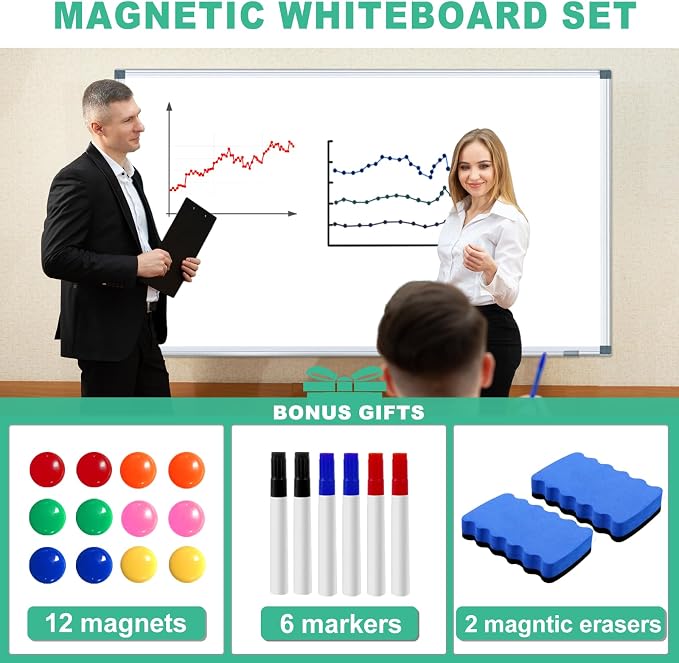 Dry Erase White Board for Wall 6' x 3' Large Magnetic Whiteboard 72"x36" Aluminum Presentation Whiteboard with Long Pen Tray, 6 Markers, 2 Erasers &12 Magnets