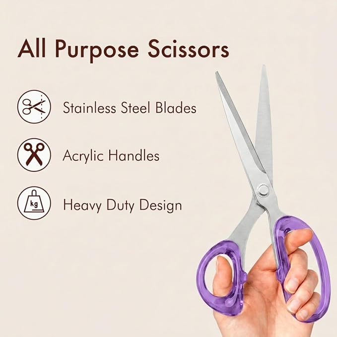 9” Stainless Steel Acrylic Scissors, Purple with Silver Metal | Aesthetic and sharp all purpose scissors, Perfect for sewing, arts, and crafts, Stationery tools for office, and school