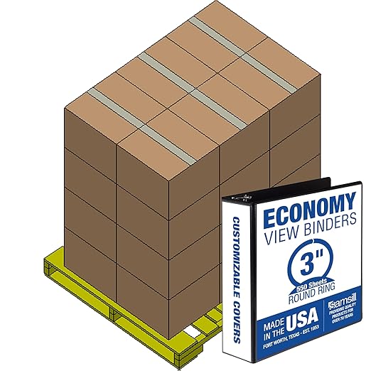 Samsill Economy 3 Inch 3 Ring Binder Bulk Pallet, Round Ring Binder, Customizable Clear View Cover, Black, Pallet of 288 Binders in 24 Cartons
