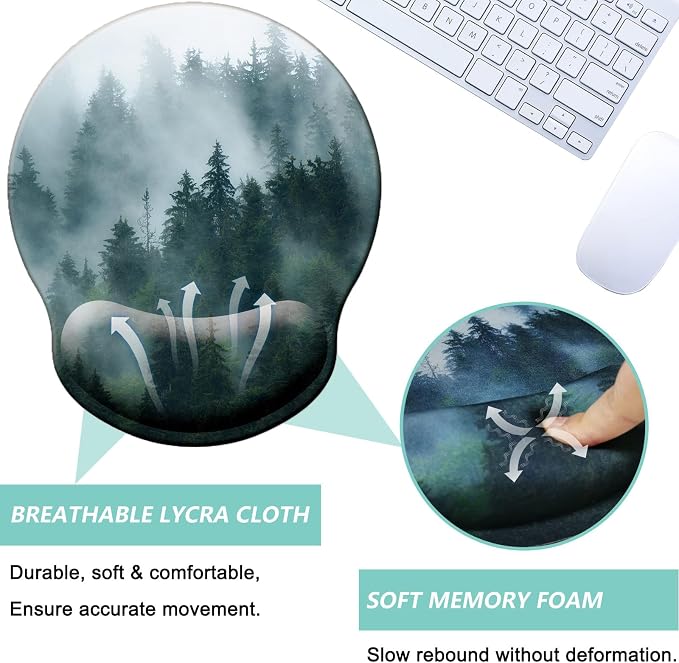 Mouse Pad with Wrist Support, Ergonomic Mouse Pad with Memory Foam Wrist Rest Cushion, Non-Slip Rubber Base Gaming Mice Pad for Home Office Computer Laptop, Forest