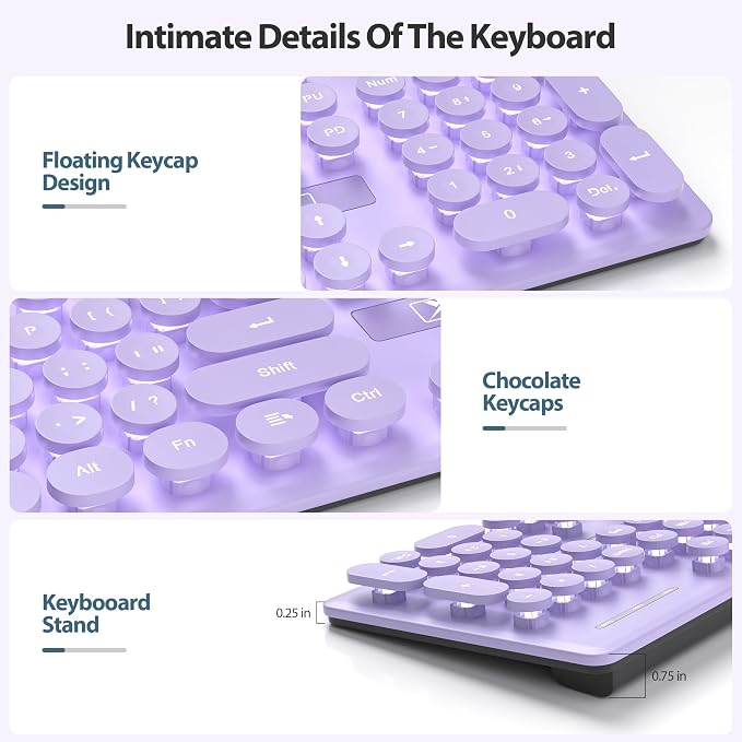 surmen Purple Quiet Keyboard Wired Retro Typewriter, Full Size Soft Keyboards with Number Pad, Round Keys, Backlit USB for Office, Desktop, Laptop(Purple)