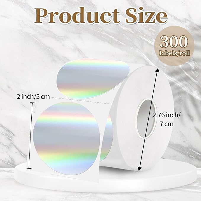 2 Inch Holographic Thermal Labels,Laser Round Thermal Printer Labels,Printable Round Thermal Printer Labels Self-Adhesive Direct Thermal Label(300pcs Laser)