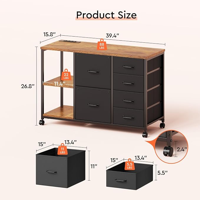 6 Drawer File Cabinet with Charging Station and Open Storage Shelf | Rustic Brown, Rolling Printer Stand Fabric Lateral Filing Cabinet for Home Office
