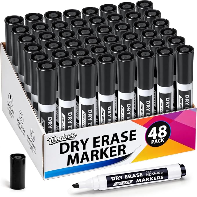 48 Pack Black Dry Erase Markers, Chisel Tip Whiteboard Markers Bulk, Wipe Clean & Ghost-Free, Low Odor Dry Erase Pens for Office, Classroom, Home, Back to School Supplies