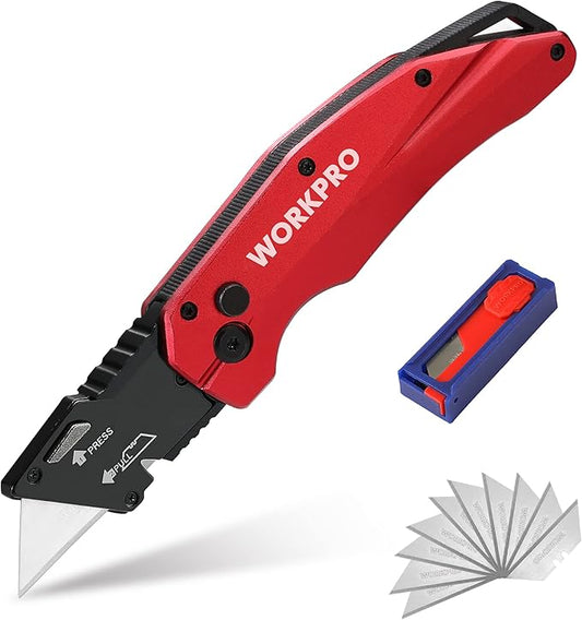 WORKPRO Folding Utility Knife, Heavy Duty Metal, Quick Open Botton Lock Box Cutter, Quick Change Blade Razor Knife, 1PC with 10 Extra SK5 Blades