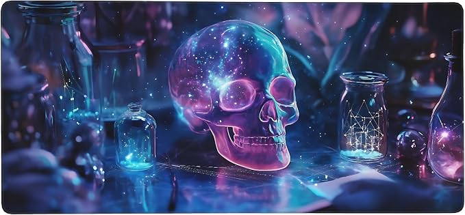 Aesthetic Skull Gaming Mouse Pad, Deep Blue Cyber Desk Mat with Anti-Slip Base & Stitched Edges,35.4" x 15.7" in Table Mat for Computer Desktop, Beautiful Workstation Decor