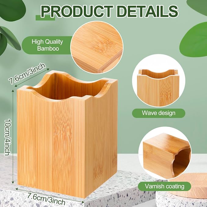2 Pcs Bamboo Wood Pen Pencil Holder Square Pencil Cup Stand Makeup Organizer for Pen Holder Desk Home Office Adults(Bamboo Wood, Wavy)