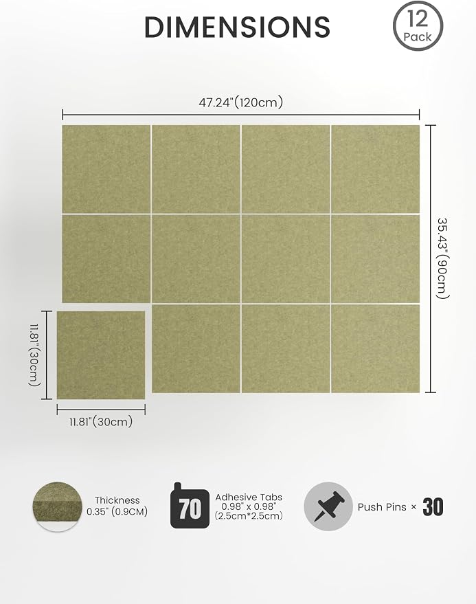 Bumusty 48" x 36" Large Cork Board Alternative, Olive Green | 12-Pack Felt Bulletin Board Tiles, 60 Adhesive Tabs, 30 Pushpins, Home, Office, Classroom, Vision Board