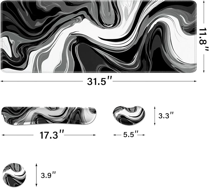 Desk Pad and Keyboard Wrist Rest, Large Mouse Pad + Keyboard Pad+Mouse Wrist Support, Non-Slip Desk Mat Protector for Office, Home 31.5×11.8 Inches Black & White Abstraction
