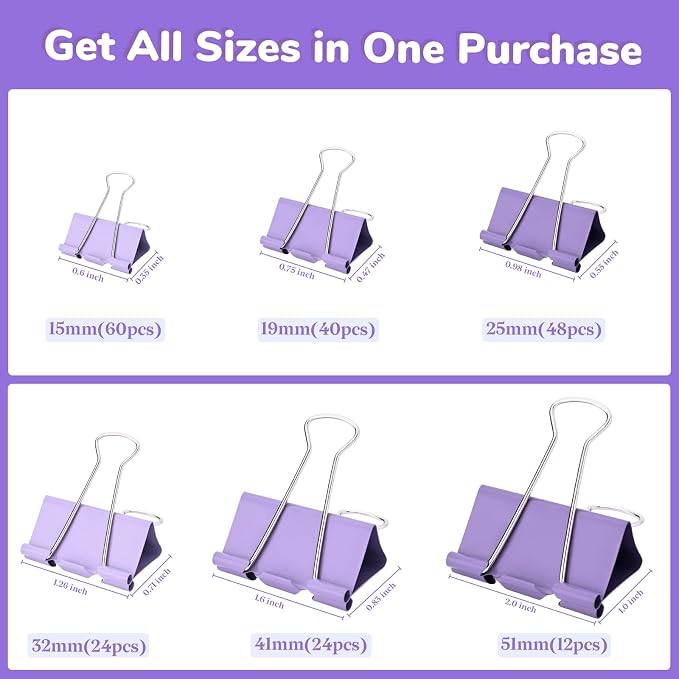 Temiary Metal Binder Clips, Assorted 6 Sizes Purple 208 P for Office, Home | Colored Binding Paperwork Clamp Bulk for Office, Home, School