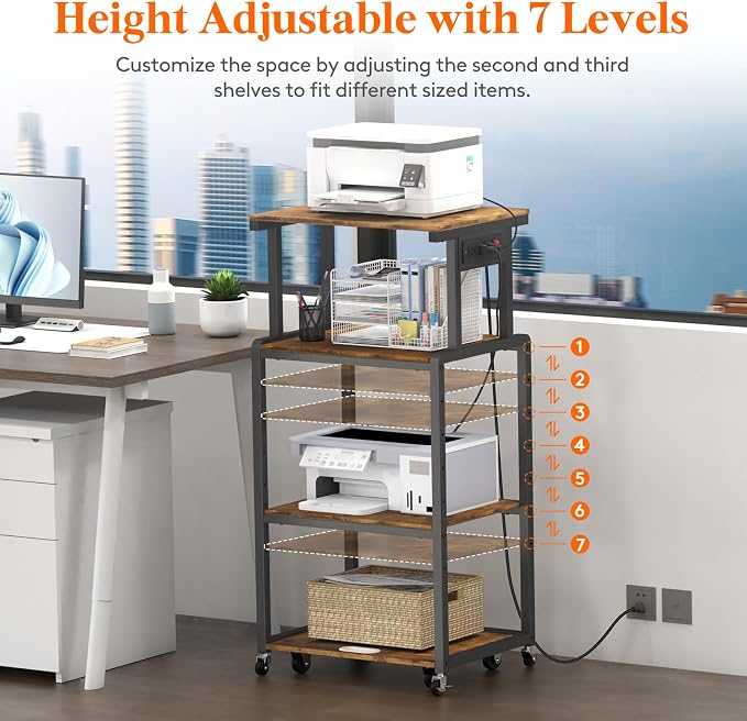 Lifewit 4 Tier Printer Stand with Power & Wheels, Office Cart, Rustic Brown | Rolling cart with wheels and adjustable shelf, for shredder scanner fax, home office storage, holds 340 lbs heavy duty