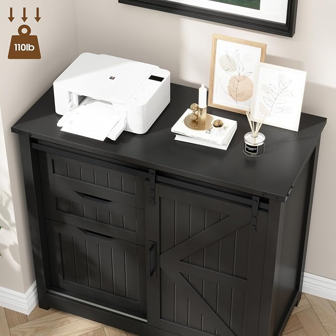 Halitaa Lateral Filing Cabinets with Adjustable Shelf, Black | Farmhouse File Cabinet with Lock for Home Office, Filing Storage Cabinets with Sliding Barn Door for Hanging Files Letter/A4
