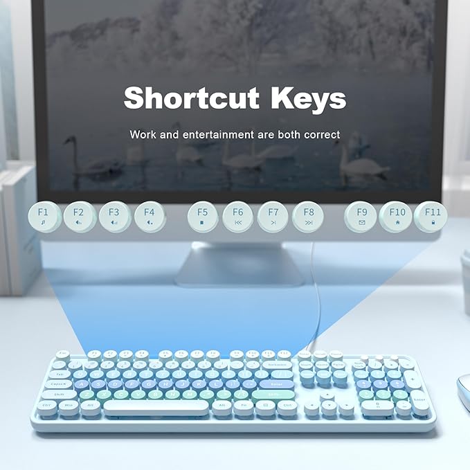 Computer Keyboard Wired, Plug and Play USB Retro Round Typewriter Keyboard, Full Size Wired Keyboard with Foldable Stands for Laptop and Office PC
