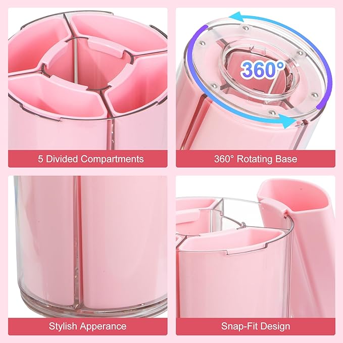 Comix 360° Rotating Pen Holder for Desk, Pencil Holder with 5 Slots, Cute Pink Plastic Desk Organizer for Home School Office Supplies