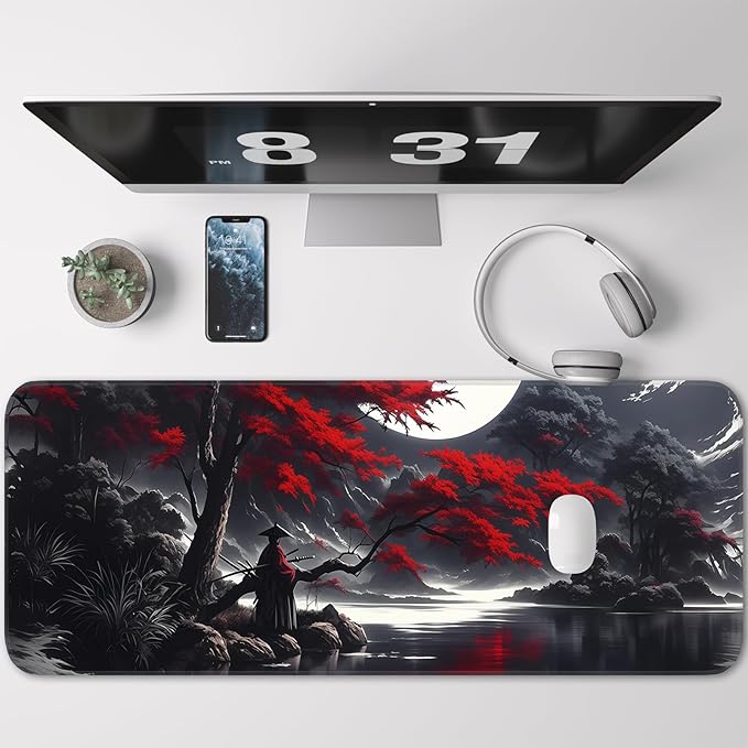 Japanese Dark Red Moon Gaming Mouse Pad, Extended Mouse Pad with Non-Slip Base, Full Keyboard Pad with Stitched Edges, Large Desk Pad for Gaming, Office, Home 31.5 x 11.8 Inch