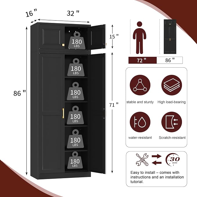 86" Tall Pantry Cabinet, Metal Storage Cabinet with Doors | Kitchen Cabinet with 4 Adjustable Shelves, White Freestanding Cupboard for Kitchen, Garage, Living Room, Home Office, School