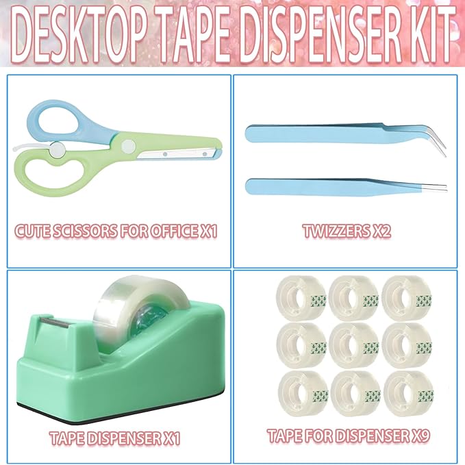 Desktop Tape Dispenser Kits with Weighted Nonskid Base Tape Dispenser- Includes 9 Rolls of Transparent Tape(0.71 Inch x 500 inches Each) & Blue Scissors, 2 Pcs Tweezers (Green)