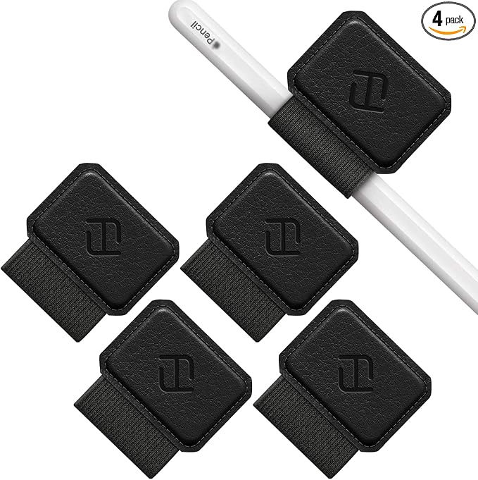 Fintie 4 Pack Pen Loop Holder for Apple Pencil Pro, USB-C/1st/2nd Gen | Elastic Adhesive PU Leather Sleeve, Secure Pen Holder, Attaches to Tablet Cases, Fits Stylus Pens, Black