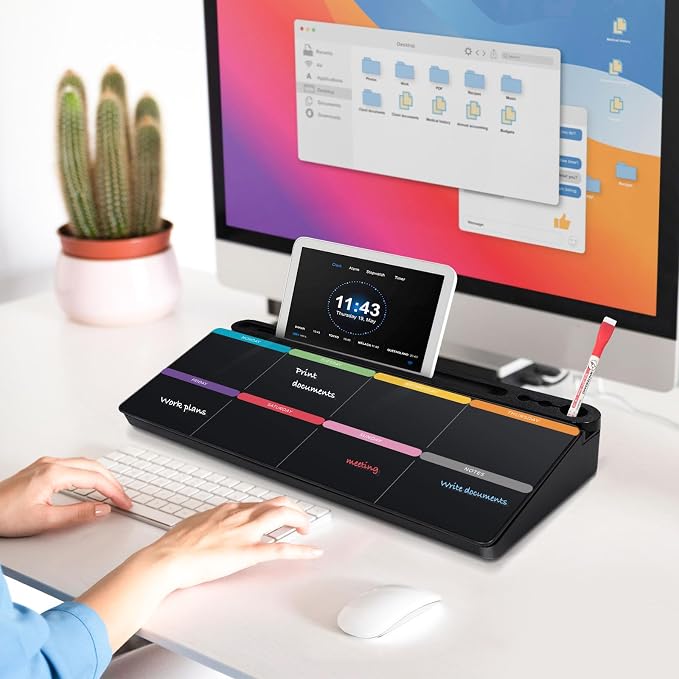 DOLLAR BOSS Glass Desk Whiteboard Calendar Small Dry Erase Board, Black | Desktop White Board with Storage Drawer, Colorful Weekly Calendar, Computer Keyboard Stand, Desk Organizer, Office Supplies