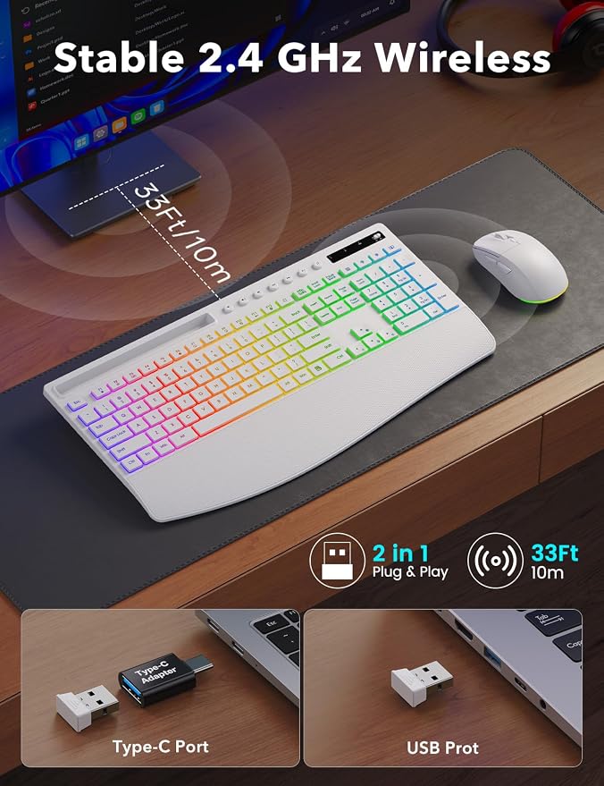 Trueque Wireless Keyboard and Mouse Combo, 4000mAh Battery, Wrist Rest | Rechargeable, 15 Backlit Effects, Full Size, Phone Holder, Quiet Typing, 2.4GHz Wireless, USB-A & C Connectivity for Windows