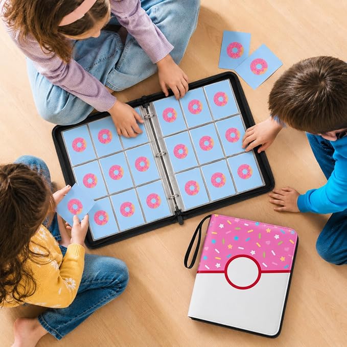 9 Pocket Card Binder 900 Card Holder Album, Pink Donut Trading Cards Holder Zipper Binder for Girl Teen Collection (Pink Donut, 900 Pocket)