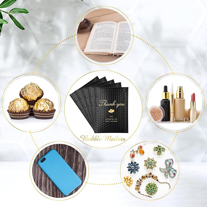 Kosiz 100 Pcs Bubble Mailers Thank You Padded Shipping Envelopes Poly Waterproof Mailing Envelopes Self Adhesive Bags for Small Business Clothing Boutique Jewelry Package(Black,6"x8")