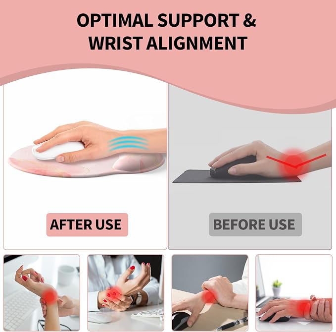Mouse Pad with Wrist Rest, Comfortable Computer Mousepad with Gel Wrist Support Smooth Surface and Non-Slip PU Base for Pain Relief, Laptop, Office & Home (Pink Marble)