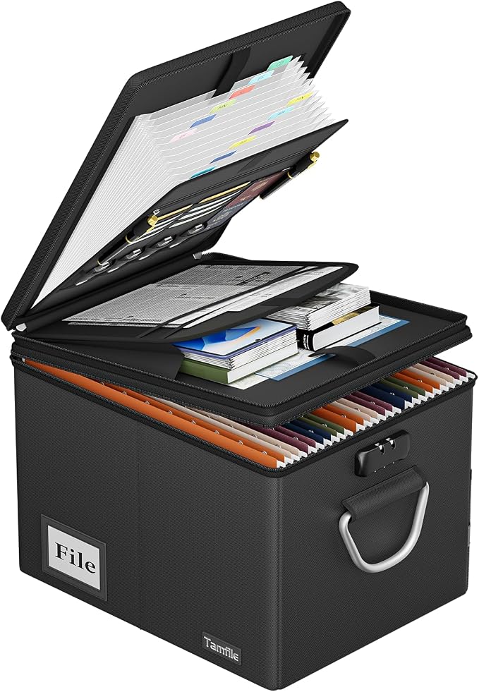 Tamfile Fireproof Document Organizer Box with Accordion File Folder,Black | 13 Transparent Pocket, Filing Storage Cabinet, Lock＆Handle, Portable Home Office Safe for Hanging Letter/Legal Folder