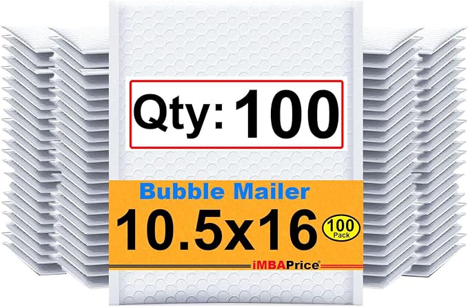 iMBAPrice 10.5x16 Inches White Color Polybubble Bag, 100-Pack Large Size #5 Self Seal Poly Bubble Mailers Padded Packing Envelopes (Total 100 Bags)