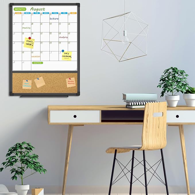 Magnetic Calendar Whiteboard & Bulletin Corkboard Combination, Combo Board 20 x 28 Inch, Black Aluminum Frame Wall Mounted Board for Office Home and School with 10 Push Pins