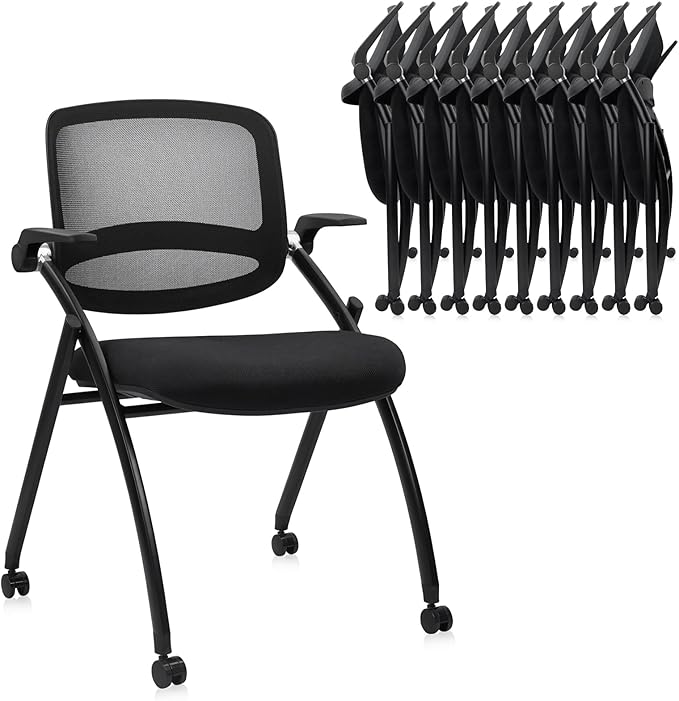 CLATINA Stackable & Foldable Conference Chair with Wheels, Ergonomic Mesh Back, 300lbs Capacity, Breathable Padded Seat, Adjustable Armrests, Office Chair for Reception, Training, Home, Black, 10PK