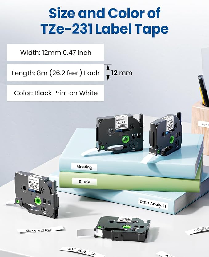 8-Pack Label Maker Tape 12mm 0.47 Laminated White Replacement for Brother P Touch Label Tape TZe-231 Compatible with Brother P Touch Label Maker PT-D210 PT-H110 PT-D220 PT-D400 PT-1880 PT-1280