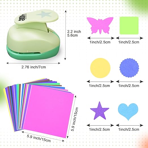 UCEC 6 PCS Craft Hole Punch 1 Inch Paper Puncher, Hole Punch Shapes Crafting Designs DIY for Kindergarten Teacher Office Supplies, 6 Different Shapes Set with 30PCS Craft Paper