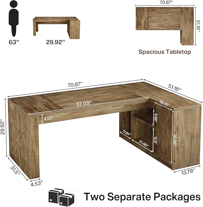 Tribesigns 71" L-Shaped Executive Desk with File Cabinet, Large Office Computer Table with Storage Shelves, Professional Business Furniture Workstation for Home Office, Rustic Brown