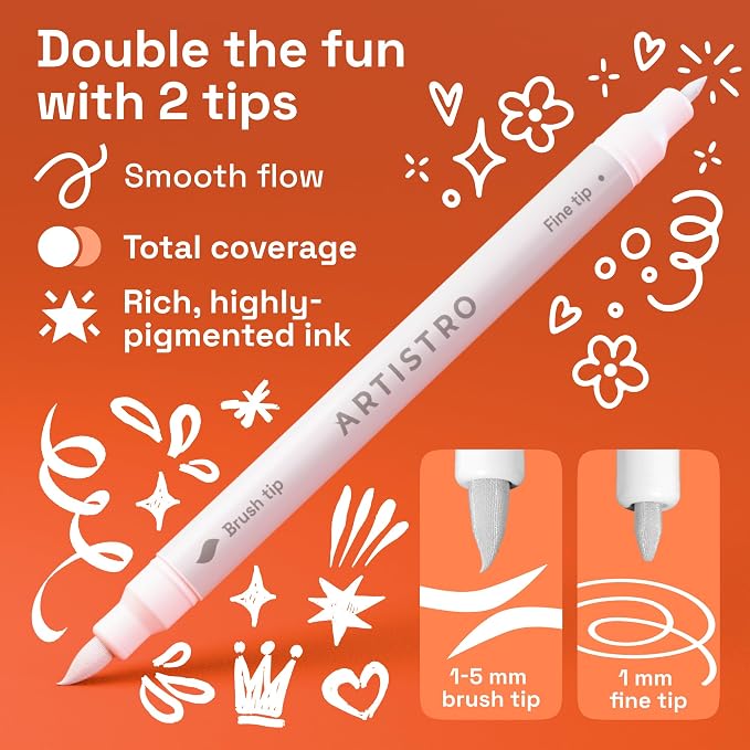 ARTISTRO 36 White Dual-Tip Acrylic Paint Marker Pens for Drawing | For Fabric, Rock, Glass, Wood, & Molds, Arts & Crafts Gift for Adults, Teens, & Kids, Classroom Must Haves & School Supplies