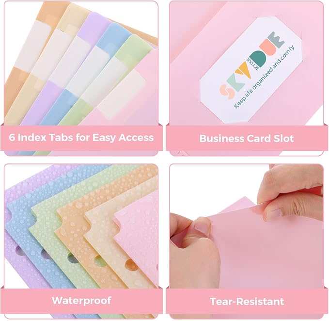 SKYDUE Plastic Folders with Pockets, 6 Pack File Folders with Tabs & Stay-Put Flaps, 3 Hole Punch 2 Pocket Folders for 3 Ring Binder, Letter Size Document Organizer for School Office, Sweet Pastels