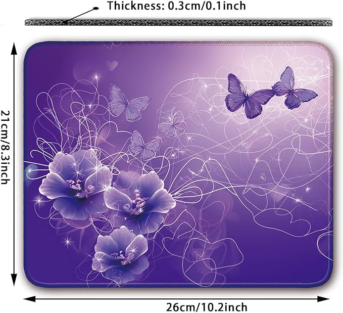 Purple Butterflies and Flower Pattern, Aesthetic Mouse Pad Small Cool Gaming Computer Mouse Pad, 26x21cm