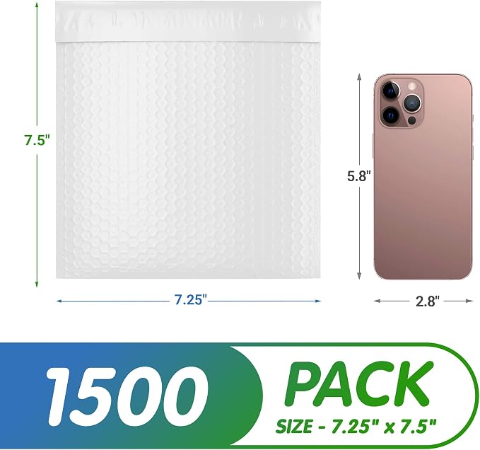 White Poly Bubble Mailers 7.25 x 7.5 Inch. Pack of 1500 Padded Envelopes Waterproof. Self Seal Padded Mailers with Durable Seams. Lightweight Padded Shipping Envelopes for Mailing Fragile Things