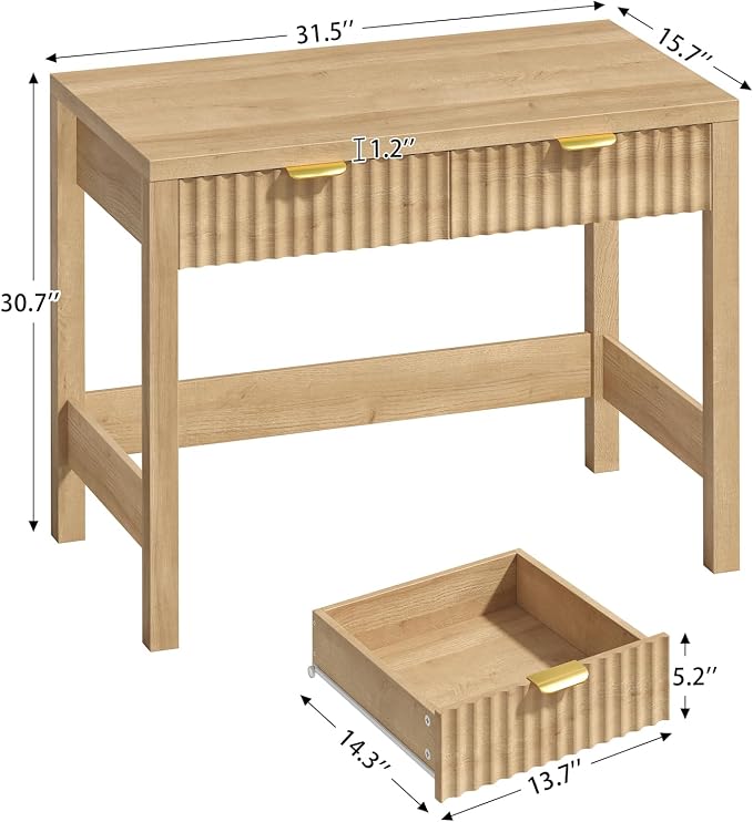 32 Inch Small Fluted Computer Desk with 2 Drawers for Bedroom, Home Office | Small Wooden Computer Desk with Storage, Compact Writing Study Vanity Desk for Small Spaces, Oak